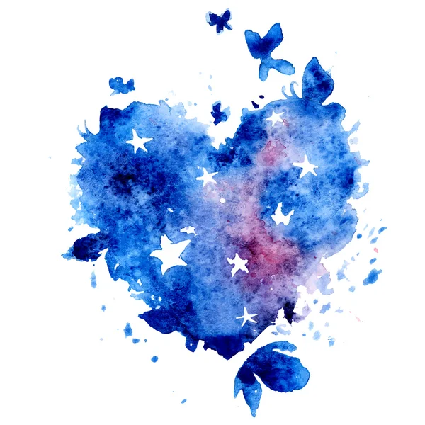 Watercolor hand drawn vector illustration - cosmos heart with stars and butterflies — Stock Vector