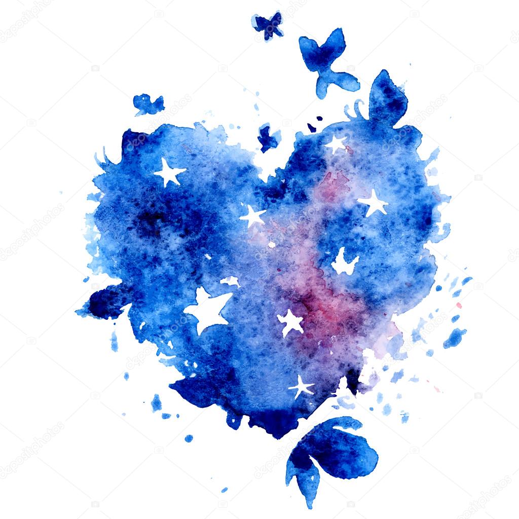 Watercolor hand drawn vector illustration - cosmos heart with stars and butterflies