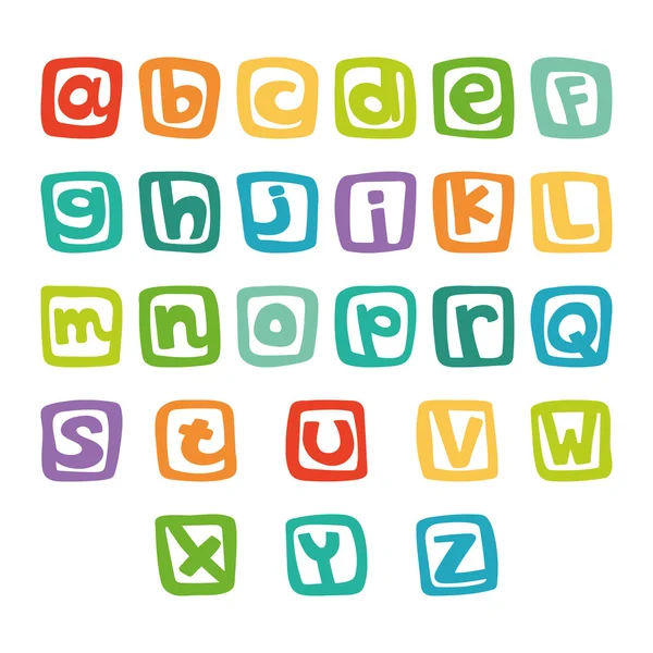 Divertente alfabeto inglese. Alfabeto disegnato a mano in quadrati colorati . — Vettoriale Stock