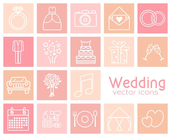 Conjunto de ícones vetoriais de casamento. Vestido de noiva, terno, carro, anel de noivado, buquê de noiva, etc. . — Vetor de Stock
