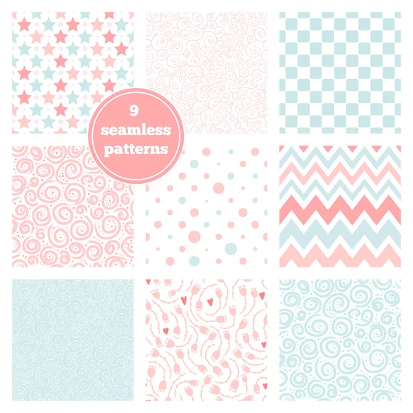 Vector set of nine graceful pastel seamless patterns — Stock Vector