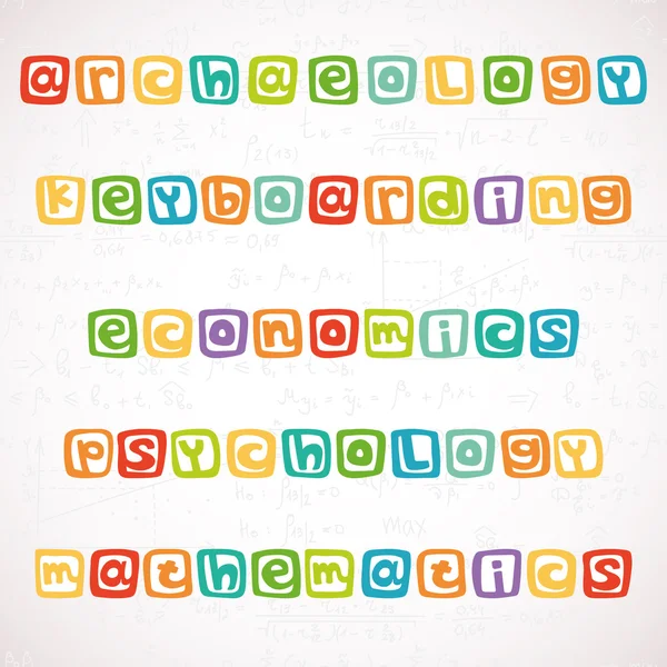 Nomi di diverse lezioni, scritti in coloratissime lettere quadrate — Vettoriale Stock