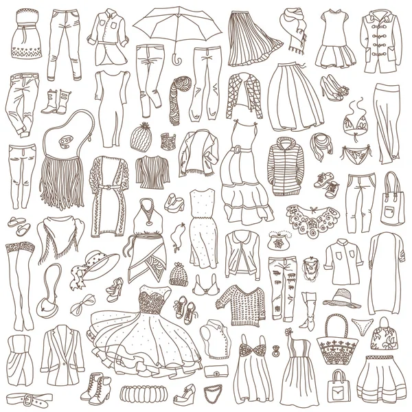 Conjunto de vectores de diferentes prendas y accesorios para mujer — Vector de stock