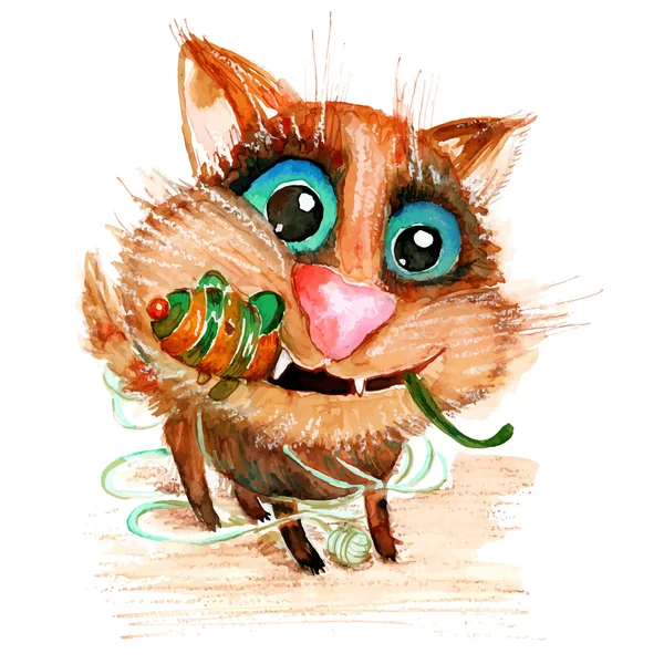 Vector hand drawn watercolor funny cat with toy mouse. — ストックベクタ