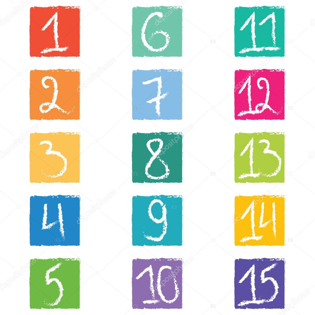 Set of fifteen colorful number tags in squares with jagged edges
