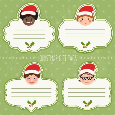 Çocuk gülümsüyor hediyelerle için Noel hediyesi kümesi vektör Etiketler