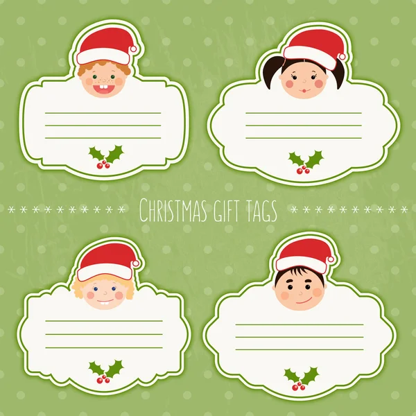 Vector set of christmas gift tags for presents with children smiles — Stock Illustration Vector set of christmas gift tags for presents with children smiles Stock Vector