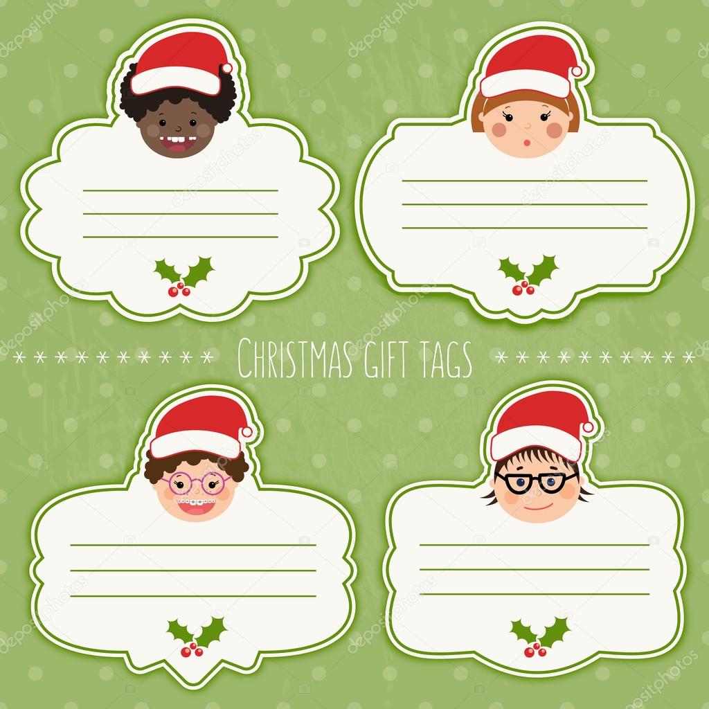 Vector set of christmas gift tags for presents with children smiles