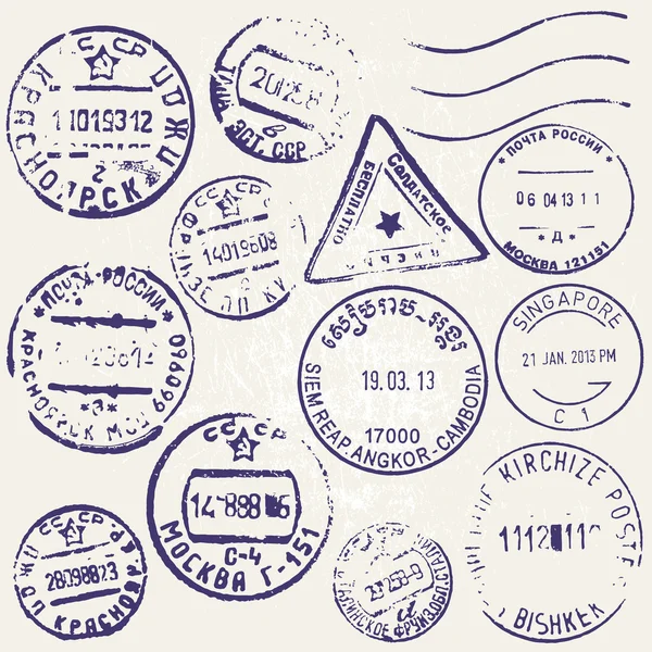 Old postal letter with postmark stamps. Antique airmail letters with plane  border mark, mail stamp label and post ink cachet vector set Stock Vector