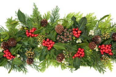 Noel ve kış yeşillik kompozisyonu Holly, sarmaşık, ökseotu, selvi yaprakları ve beyaz arka planda çam kozalakları. Bayram bayramı için Xmas & Yeni Yıl dekorasyonu. Düz yatış, üst görünüm.