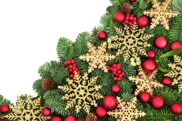 Christmas Snowflake Red Ball Bauble Border Fir Winter Holly Mistletoe — Stock Photo, Image