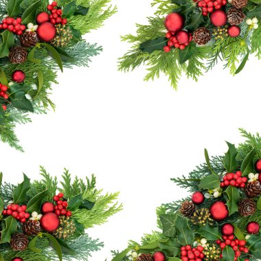 Şenlik sezonu için Noel soyut sınırları. Kırmızı takı süslemeleri ve kutsal, sarmaşık, ökseotu, sedir çiçeği ve çam kozalakları ile beyaz arka planda. Üst görünüm, düz görünüm, kopyalama alanı.