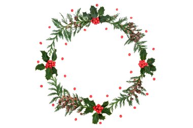 Beyaz arka planda kırmızı böğürtlenli Holly & sedir yaprağı çelengi. Kış için minimum kompozisyon, Noel ve Yeni Yıl temaları. Düz konum, üst görünüm, kopyalama alanı.