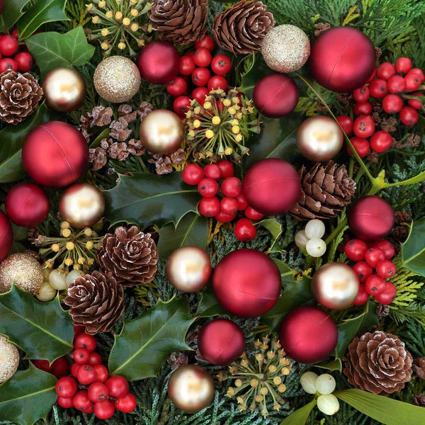 Christmas Decorative Background Composition Red Gold Baubles Winter Greenery Holly — Stock Photo, Image