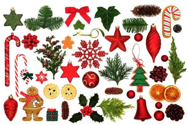 Szimbólumok Karácsonyi Kollekció Csecsebecse Dekoráció Élelmiszer Flóra Fehér Alapon Ünnepi — Stock Fotó