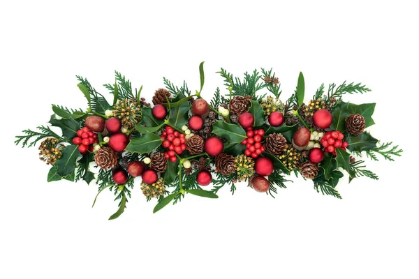 Christmas Arrangement Red Bauble Decorations Holly Mistletoe Ivy Acorns Cedar — Stock Photo, Image
