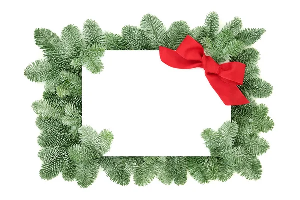 Christmas Winter Solstice Border Snow Covered Spruce Fir Red Bow — Stock Photo, Image