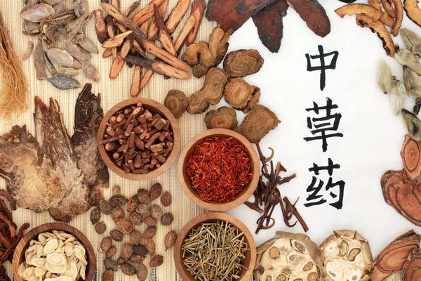 Medicina Herbal Tradicional China Con Hierbas Caligrafía Papel Arroz Bambú — Foto de Stock