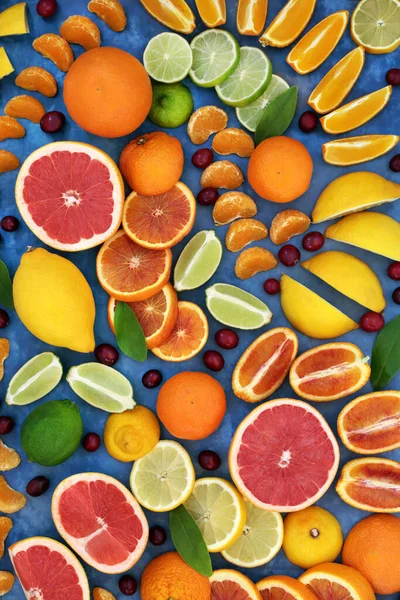 Велика Колекція Цитрусових Високим Вмістом Клітковини Журавлиною Апельсинами Лимонами Лаймами — стокове фото