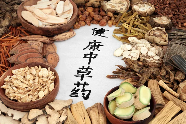 Colección Hierbas Medicinales Chinas Con Hierbas Especias Texto Caligrafía Sobre — Foto de Stock