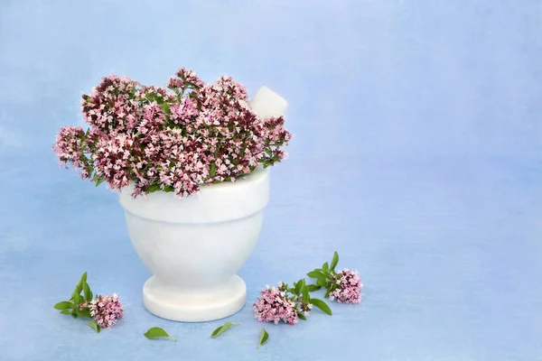 Oregano Herb Flowers Leaves Mortar Pestle Used Food Seasoning Herbal — Stock Photo, Image