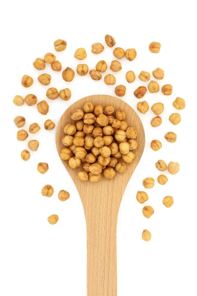 Healthy Spicy Roasted Chickpeas Wooden Spoon Loose White Background Vegan — Stock Photo, Image