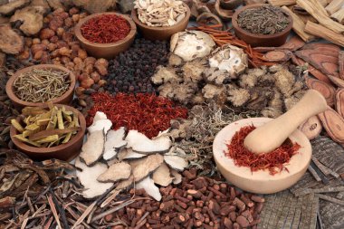 Çin bitkisel ilaç koleksiyonu bitkiler ve baharat ve safranlı bir havan topu. Alternatif sağlık hizmeti kavramı.