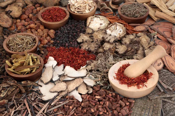 Chinese herbal medicine collection with herbs and spice & safflower in a mortar with pestle. Alternative health care concept.