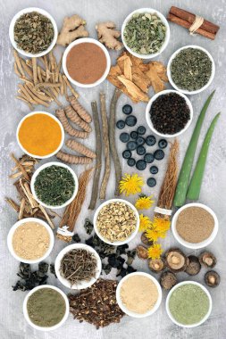 Şifalı bitkilerle, baharatlarla ve takviye tozlarıyla sağlıklı yiyecekler. Doğal bitki temelli gıdalar vücudun stres ve normal fizyolojik fonksiyonlarla başa çıkmasına yardımcı olur. Benekli gri üzerinde düz yatıyordu. 