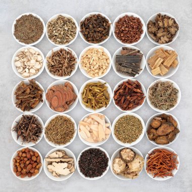 Chinese herb collection used in traditional herbal medicine in porcelain bowls on mottled grey background. Alternative health care concept. Flat lay, top view. clipart