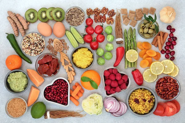 Immune Aumentando Cibo Sano Con Frutta Verdura Cereali Cereali Latticini — Foto Stock
