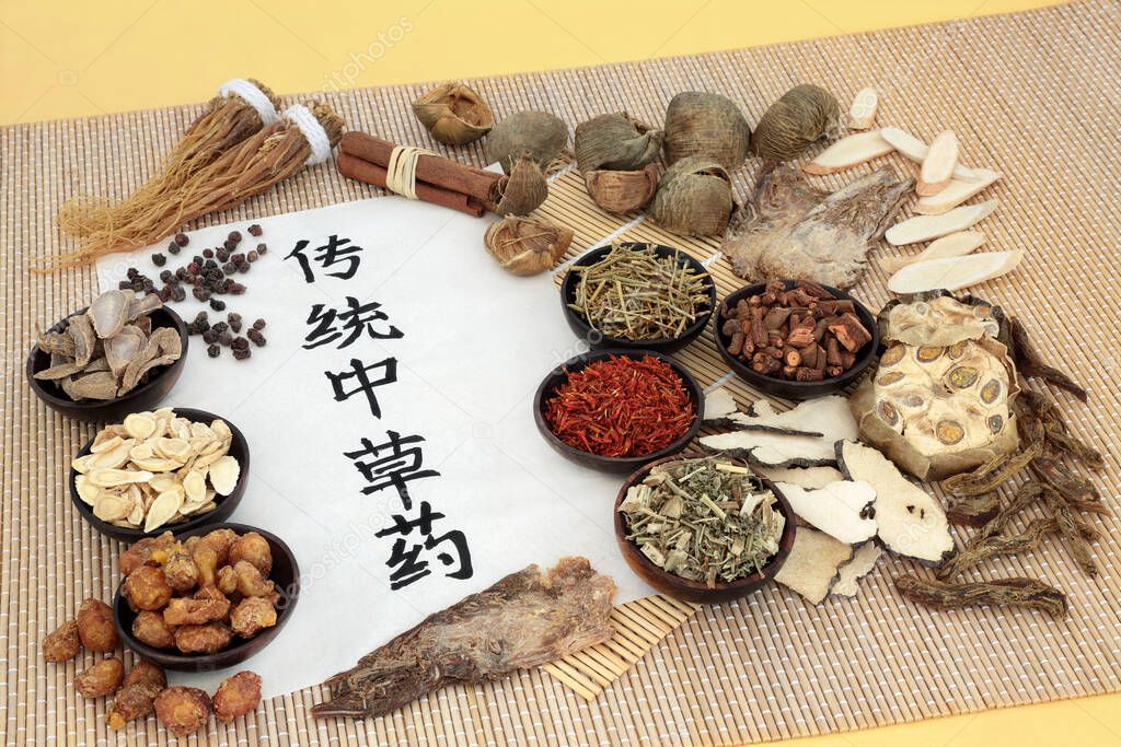 Chinese herbal medicine with herb & spice collection & calligraphy script on rice paper. Health care concept. Translation reads as traditional chinese herbs for healing.