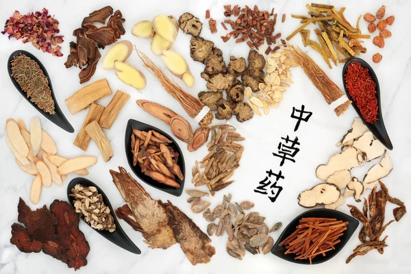 Medicina Herbal Chinesa Com Uma Variedade Ervas Caligrafia Script Papel — Fotografia de Stock