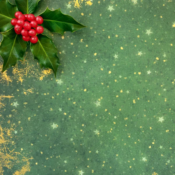 Holly berry cluster on green and gold abstract background. Composition for the winter solstice, Christmas and New Year. Top view, flat lay.
