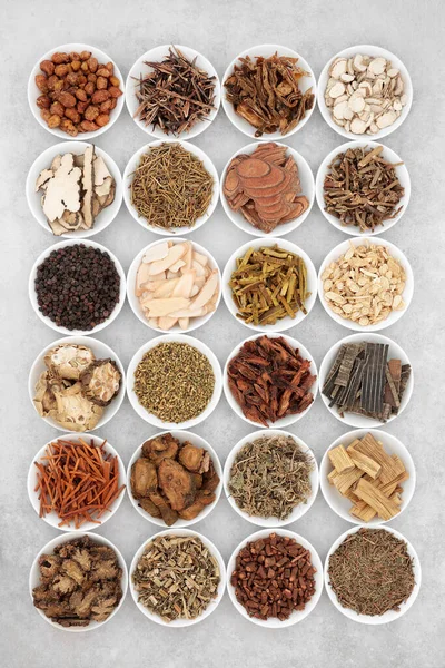 Medicina Herbal Tradicional China Gran Colección Con Hierbas Especias Cuencos —  Fotos de Stock