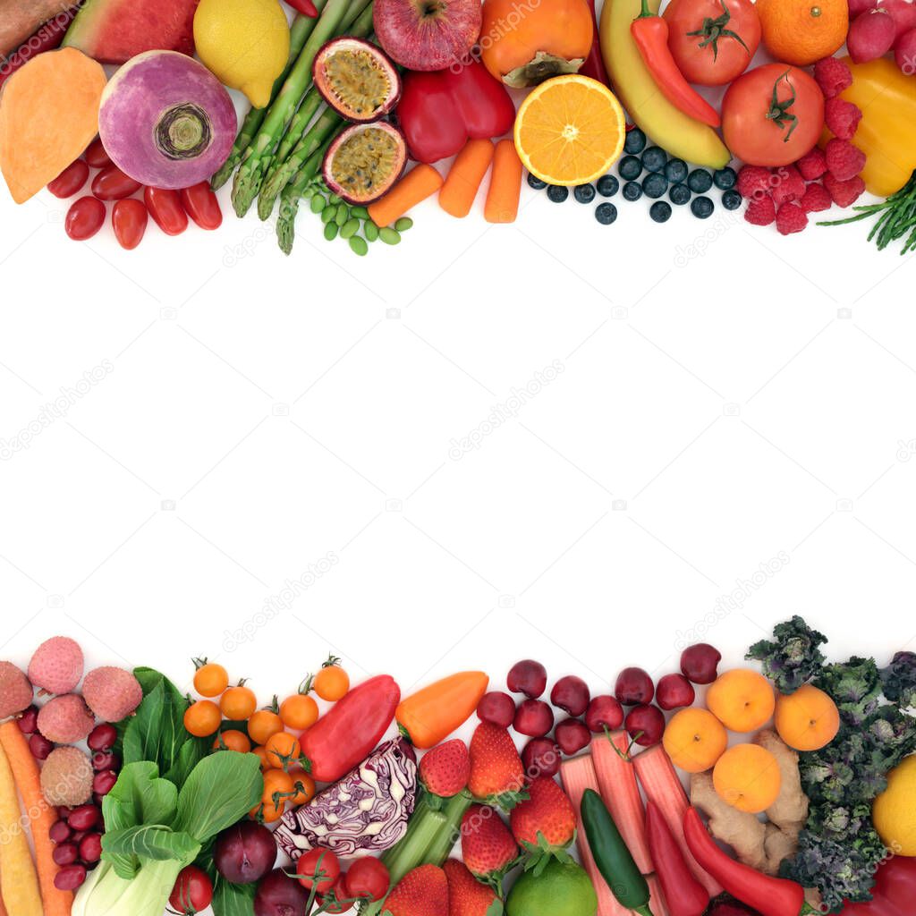 Healthy fruit, vegetable background border for immune boosting vegan diet high in antioxidants that neutralize free radicals, also containing anthocyanins, lycopene, carotenoids, fibre, vitamins.