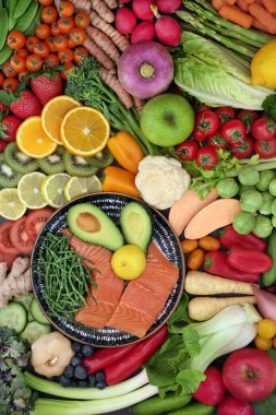 Flexitarian sağlıklı gıda koleksiyonu, yüksek protein, omega 3, antioksidan, antosiyanin, mineral, vitamin, diyet lifleri, likopene ve akıllı karbonhidratlar. Sağlıklı gezegen konsepti. Üst görünüm.