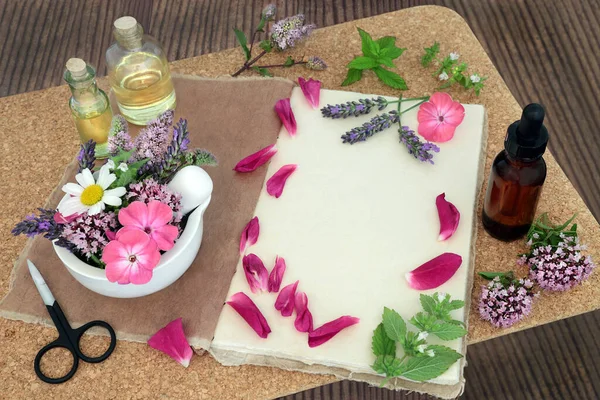 Naturlig Växtbaserade Växtmedicin Beredning Med Blommor Örter Aromaterapi Eteriska Oljeflaskor — Stockfoto