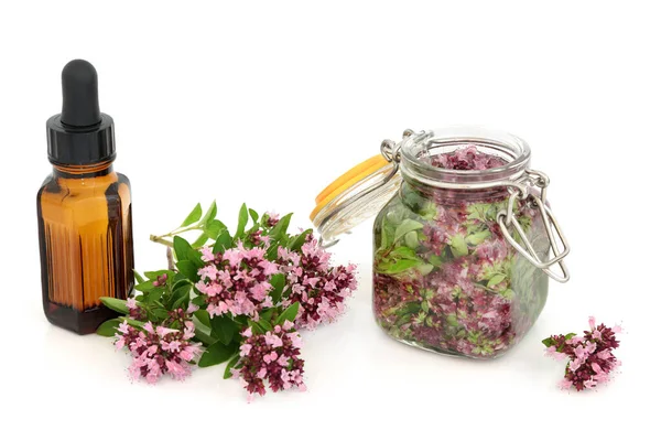 Oregano Herb Flowers Leaves Steeped Oil Essential Oil Bottle Natural — Stock Photo, Image