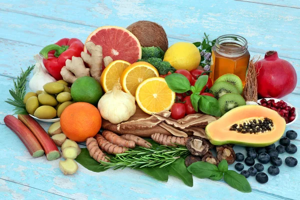 Aliments Santé Pour Soutien Système Immunitaire Avec Des Légumes Fruits — Photo