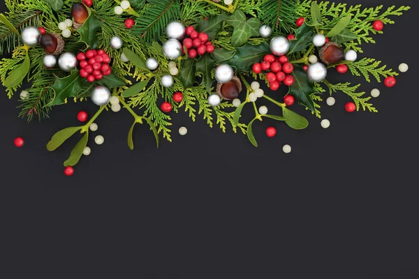 Christmas Festive Background Composition Red Baubles Winter Nature Greenery Holly — Stock Photo, Image