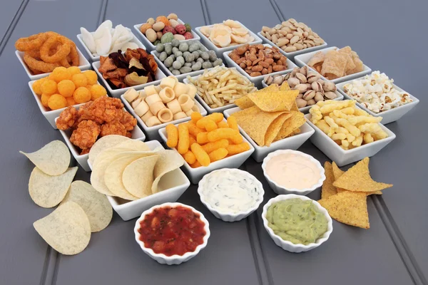 Savoury Snack and Dip Selection — Stock Photo, Image