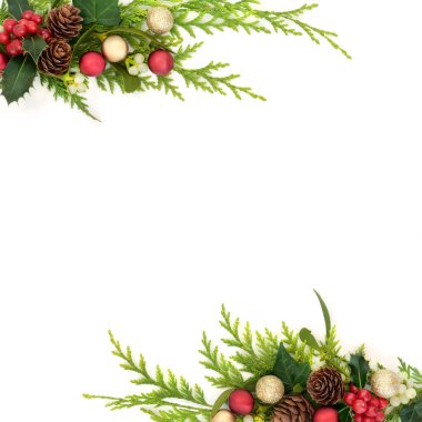 Noel bayramı kırmızı altın süslemeleri, kutsal, ökseotu üzümleri, sarmaşık, köknar, çam kozalakları. Beyaz zemin üzerinde Xmas kış doğa flora sınır tasarımı.