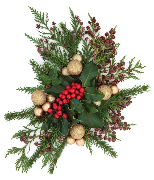 Weihnachtsflora und Christbaumkugeln — Stockfoto