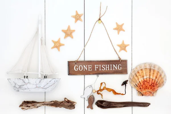 Унесенный знак рыбалки с раковинами и дрейфующей древесиной — стоковое фото
