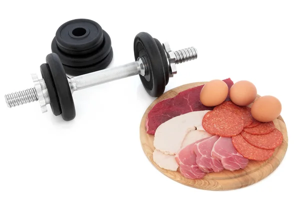 Body Building Alimentos e Pesos Dumbbell — Fotografia de Stock