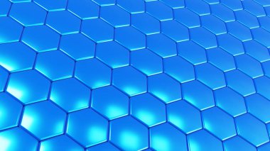 Soyut 3D geometrik arkaplan, mavi altıgenler istifleri şekillendirir, görüntüleme teknolojisi illüstrasyonu.