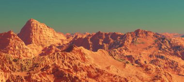 Mars gezegeni manzarası, hayali Mars gezegeninin dağlık arazisi, bilim kurgu illüstrasyonu..