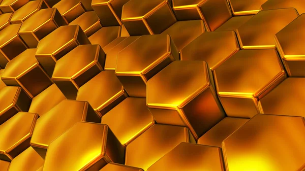 Abstrato Fundo Geométrico Ouro Hexágonos Formas Metálicas Pilhas Renderizar Ilustração — Fotografia de Stock