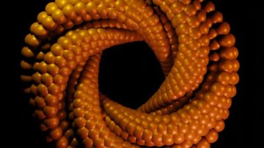 Soyut fütüristik mısır tohumu deseni, koyu fütüristik arka plan hareketi. Parlak spiral hareket eden parlak küreler. 4K 3D döngü ilginç canlandırma.